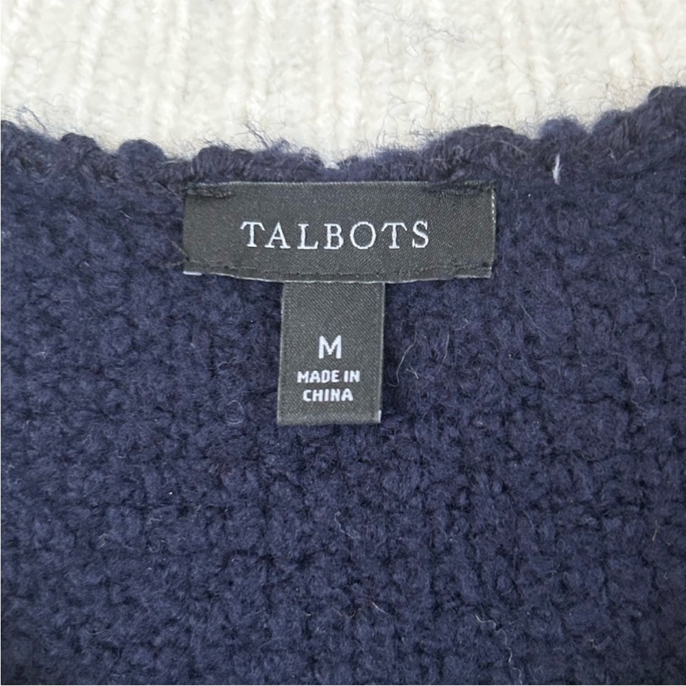 TALBOTS Boucle dipped sweater cardigan  button down navy blue, white - Picture 4 of 11